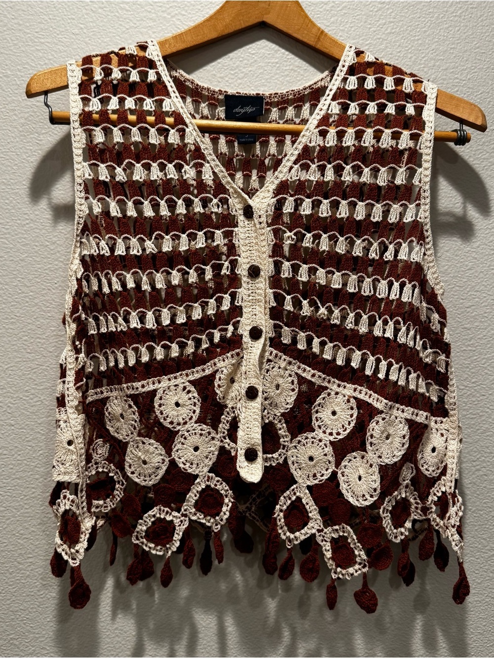Daytrip Crochet Button-Front Vest - Cream & Brown